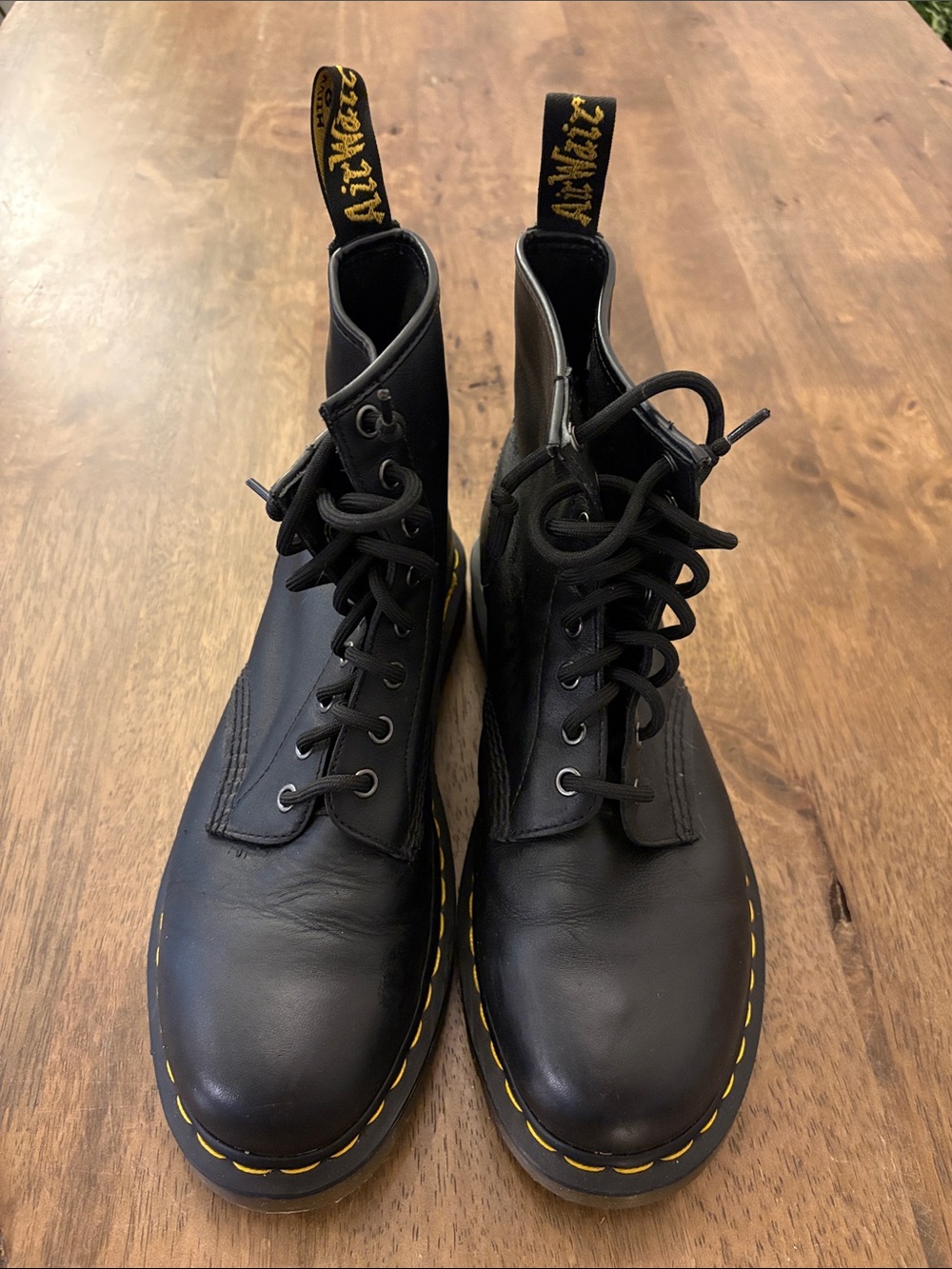 Dr. Martens Black Leather Lace-Up Boots with Yellow Stitching